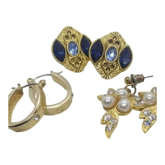 Earrings 3 Pairs Gold Earrings Pearl Rhinestones Horseshoe - Picture 1 of 9